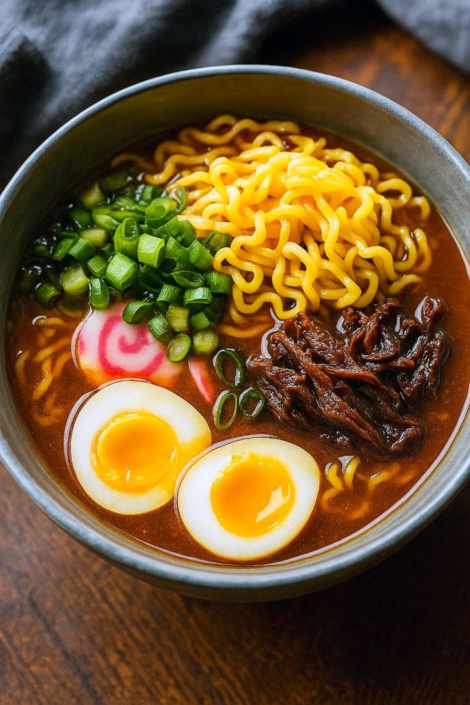 Bowl of Fresh Ramen Noodles in savory broth with mushrooms, spinach, soft-boiled egg, and green onions – a flavorful pick from Top Ramen Recipes and Ramen Dinner Recipes, perfect for Easy Ramen, Vegetarian Ramen, and other cozy Ramen Soup Recipes.